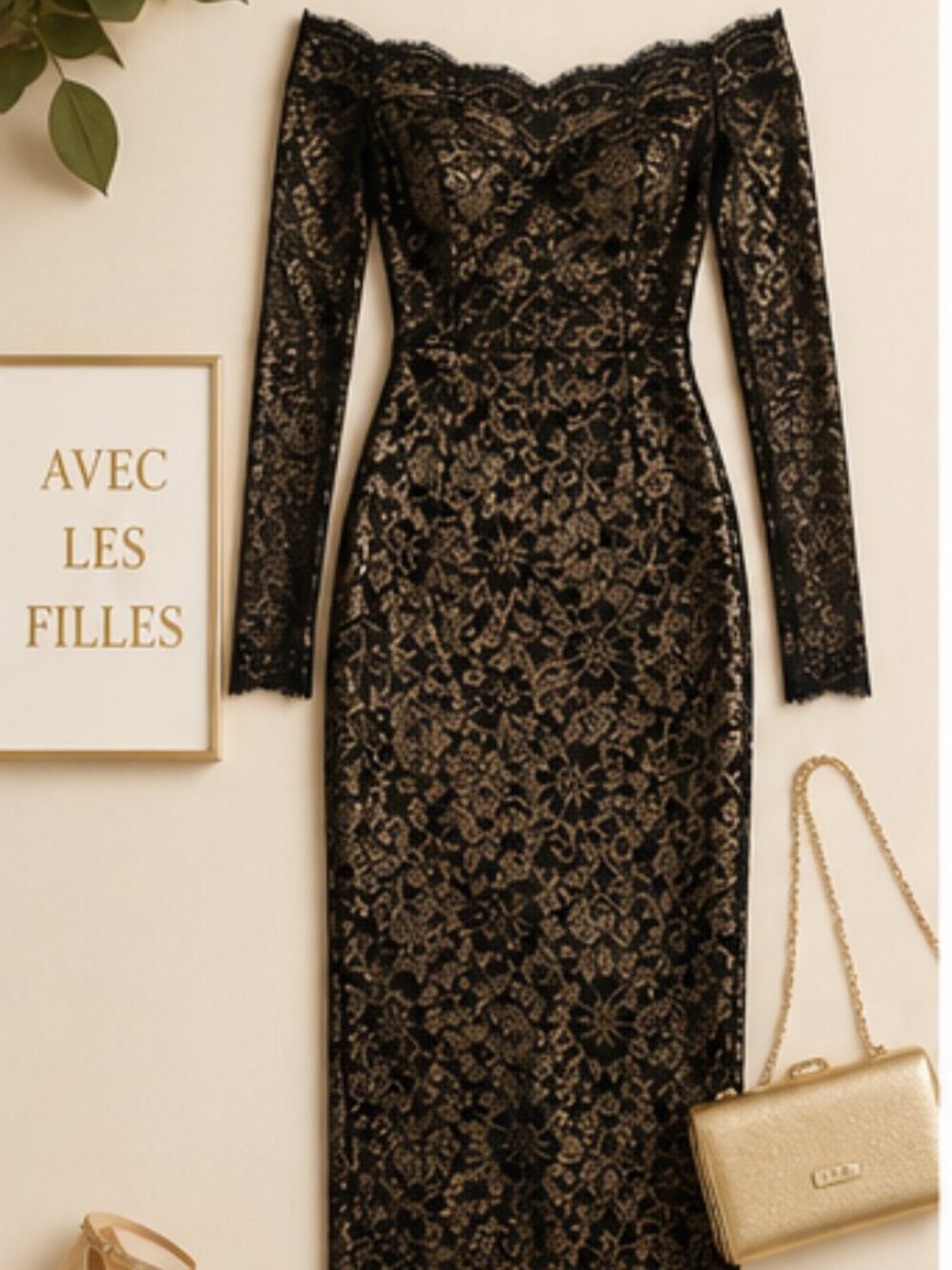 Avec Les Filles Black Gold Off Shoulder Maxi Dress NWT Size 12 Formal